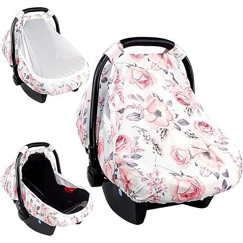 Carseat Cover Girls, Floral Baby Carseat Canopy with Zipper Mesh, Infant Stroller Cover, Watercolor Pink Flower