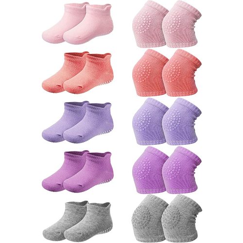 10 Pairs Baby Crawling Anti-Slip Knee Pads and Anti-Slip Baby Socks Set Unisex Toddler Knee Protectors Non Slip Ankle Socks