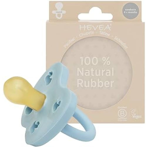 HEVEA Natural Rubber Pacifier Round Newborn 0+ Months – Hygienic One Piece Design for Newborns to Toddlers, BPA-Free, Soft & Durable – Single-Pack (Baby Blue)