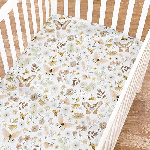 Vintage Butterflies Boho Wildflowers Baby Crib Sheets Boy Girl 52"x28" Watercolor Bees Butterflies Spring Floral Crib Mattress Cover Soft Breathable Baby Sheet for Standard Crib & Toddler Bed Mattress