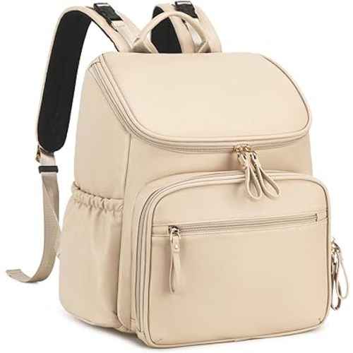 Faux Leather Diaper Bag Backpack with Storller Clips, Water-Resistant, Anti-Theft Pocket, Beige