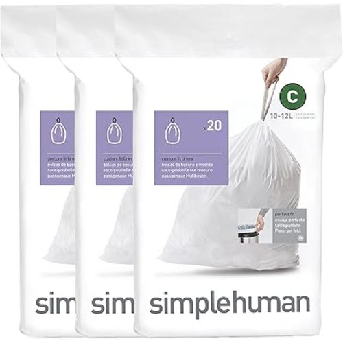 simplehuman Code C 60 Count, Dispenser Pack Custom Fit Liners, Drawstring Trash Bags, 10-12 Liter / 2.6-3.2 Gallon, White