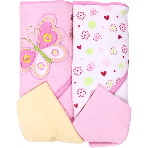 Spasilk Bath Hooded Towels & Washcloths Set for Babies, 2 Hooded Terry Bath Towels & 2 Washcloths, Pink Butterfly