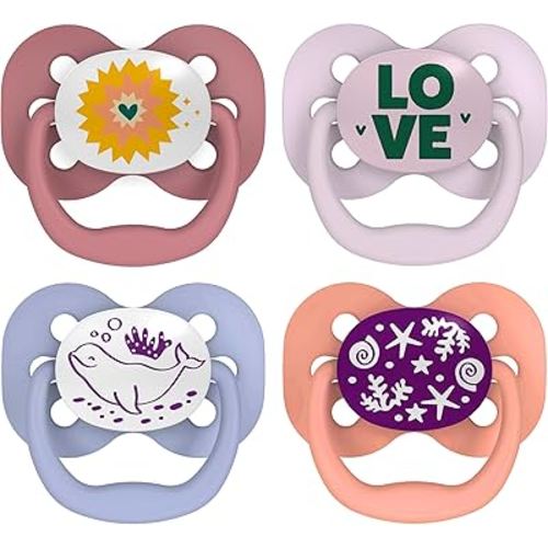 Dr. Brown's Advantage Glow-in-the-Dark Baby Pacifier, Fully Symmetrical Soother with Soft Silicone Bulb, Lavender Love-Coral Ocean, 0-6m, BPA Free, 4 Pack