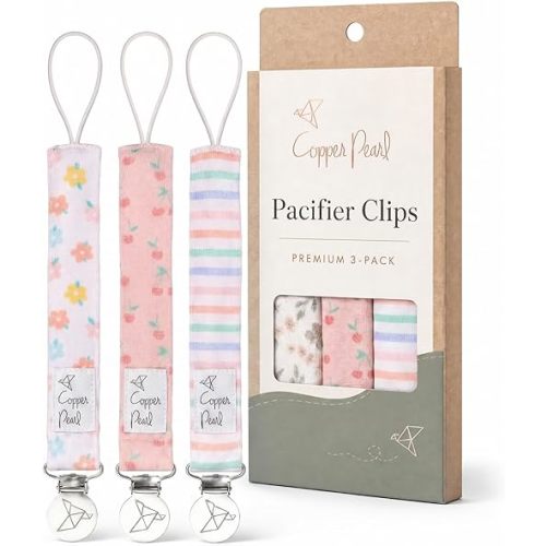 Copper Pearl Pacifier Clip 3-Pack: Premium Knit Binky Clips for Baby Girls and Boys - Stylish Stainless Steel Pacifier Holder Clip - Cheery