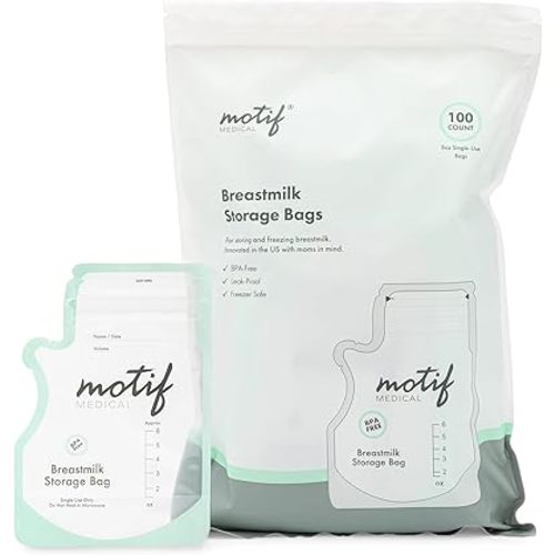 Motif Medical, Milk Storage Bags, 6 oz Milk Freezer Bag with Easy Pour Spout, BPA Free, Write-On Label - 100 Count
