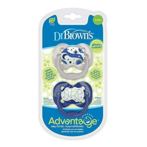 Dr. Brown's Advantage Glow-in-the-Dark Pacifier, 100% Silicone Baby Paci Symmetrical Soother, 0-6m, BPA free, Blue, 2 Pack