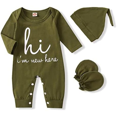 GRNSHTS Newborn Baby Boy Romper Coming Home Outfits Letter Print Bodysuit Jumpsuit+Hat+Gloves 3PCS Clothes Set