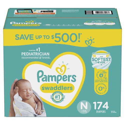 Pampers Swaddlers Newborn Diapers, Size N, Ultra-Soft Absorbent, Hypoallergenic, 174 Pieces