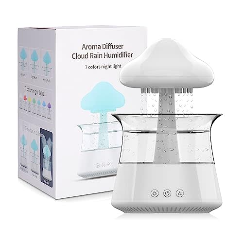 Cloud Rain Humidifier for Bedroom & Large Room Water Drip Humidifier with Remote Waterfall Lamp Mushroom Humidifier Rain Sounds White Noise Humidifier Air Humidifiers for Bedroom Desk (White)
