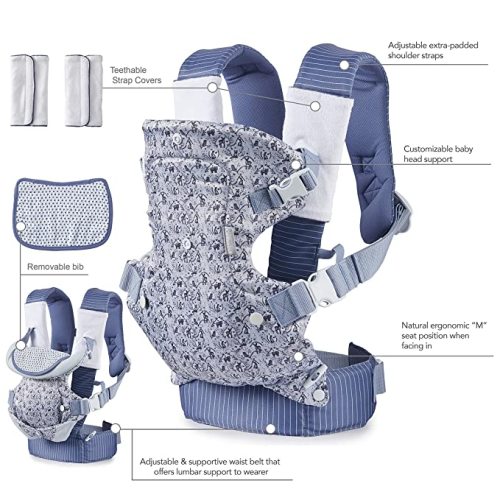 Infantino Limited Edition Flip 4-in-1 Baby Carrier | Woodland Toile 4-Position Infant Carrier with (2) Terry Cloth Strap Wraps & (1) Muslin Bib/Slip Cloth. Machine Washable, Blue - Grey