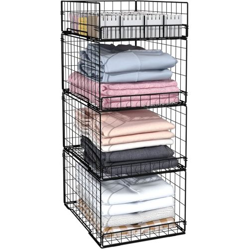 4 Pack Closet Organizers and Storage Shelves for Clothes, 4 Tier Stackable Closet Storage Basket Bin Container for Clothing Sweater Jean, Narrow, Foldable, Sturdy Metal Closet System Organizer Shelf