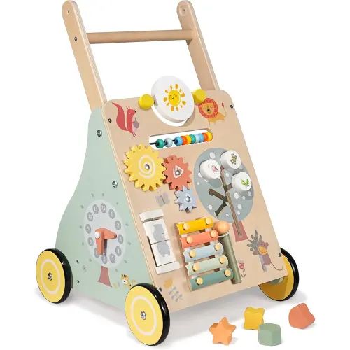 Wooden Baby Walker, Multiple Learning Activities Center Develops Motor Skills for Infant to Toddler, Push and Pull Walkers with Wheel for Boys Girls (Zoo)