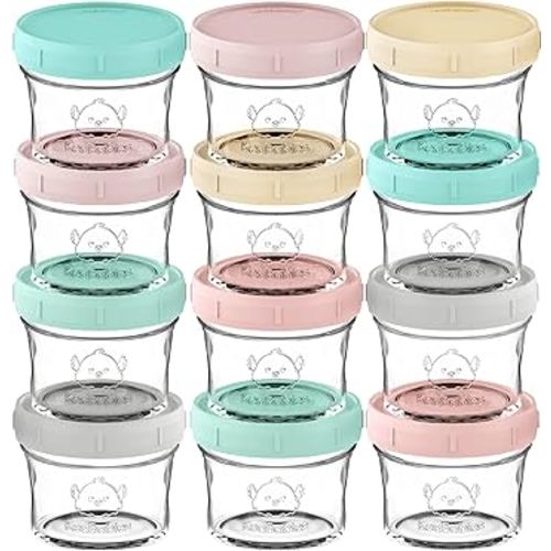 KeaBabies 12pk 4oz Glass Baby Food Containers - Leak-Proof, Microwavable Small Baby Glass Jars with Lids, Baby Food Storage Containers, Baby Snack Containers, BPA-Free Baby Food Jars (Pastels)