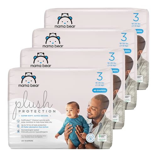 Amazon Brand - Mama Bear Plush Protection Diapers - Size 3, One Month Supply, Hypoallergenic Premium Disposable Baby Diapers, 160 Count (Pack of 4), White and Cloud Dreams