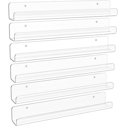 upsimples 6 Pack Clear Acrylic Shelves, 12" Nursery Bookshelves for Wall, Floating Bookshelf for Kids Baby, Vinyl Display, Record Holder, Magazine Rack, Picture Ledge Shelf