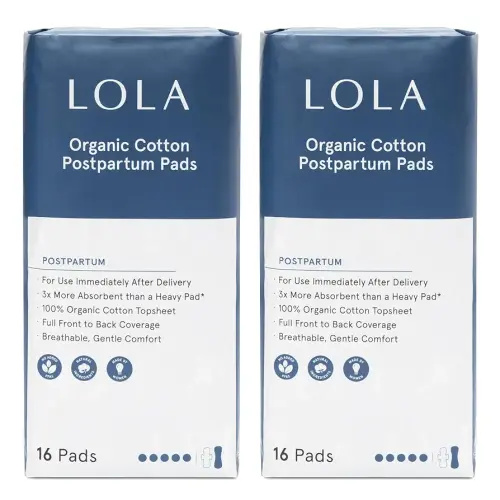 LOLA Organic Cotton Postpartum Pads - 32 Count, Ultra Absorbent and Extra Long Pads, Overnight and Full Coverage, Adult Incontinence Pad for Women, Postpartum Essentials