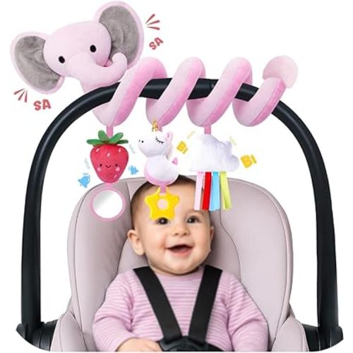Spiral Car Seat Toys for Baby Girls 0-6 Months, Perfect Newborn Gifts for Girls Essentials, Cute Pink Elephant Strawberry Hanging Plush Items