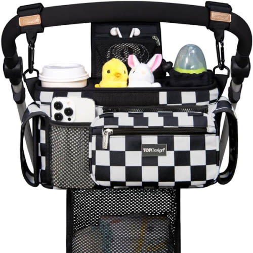 TOPDesign Universal Baby Stroller Organizer, Stroller Caddy with Detachable Mesh Bag & Heightened Insulated Cup Holders & Non-Slip Secure Hooks Accessories, Fits Most Strollers (Checkerboard)