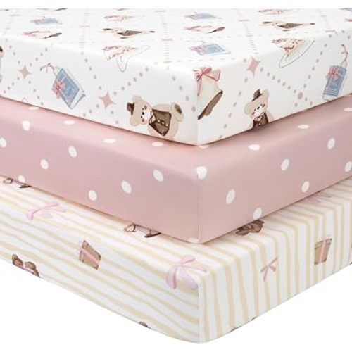 Baby Crib Sheets Girl, 3 Pack Toddler Bed Sheets Fitted for 52”x28” Standard Crib and Toddler Mattresses, Super Soft Microfiber Pink Bear