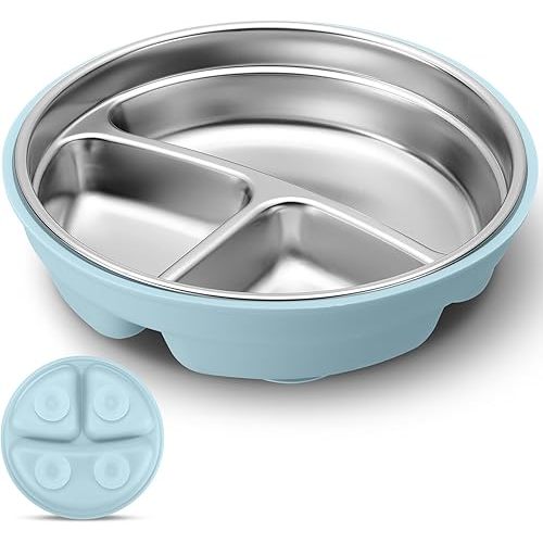 Nuogo 1 Pcs Stainless Steel Baby Suction Plates with Removable Silicone Shell 2-in-1 Metal Toddler Bowl Divided for Picky Eaters Kids Feeding Led Weaning Supplies, Dishwasher Safe (Light Blue)
