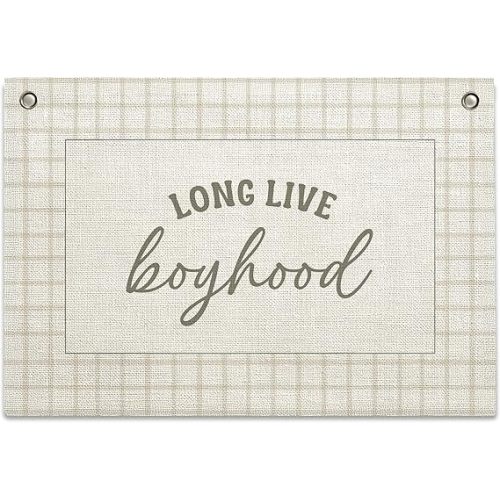 Long Live Boyhood Banner – Boy Room Decor Linen Banner Hanging Flag Retro Pink for Nursery Playroom Wall Art Decor for Kids Bedroom Dorm Toddler Decorations (Green Plaid1)