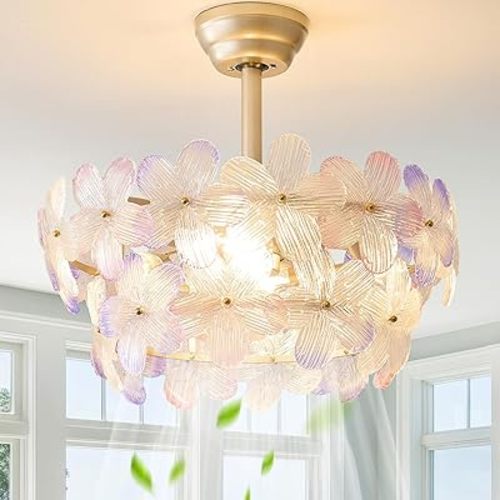 Gold Crystal Fandelier Ceiling Fans with Lights, 20" Gold Flower Chandelier Ceiling Fan with Light Remote Control, Caged Mid Century with 6 Speeds for Bedroom, Nursery, Living Room (Multi)