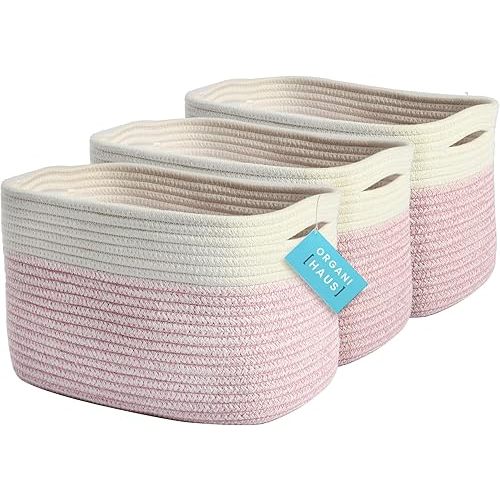 OrganiHaus Set of 3 Pink Woven Baskets for Organizing, Cotton Rope Basket for Decor, Shoe Basket Organizers & Storage, Decorative Storage Baskets & Bins, Cute Storage Basket for Toys & Cloths