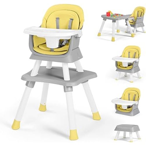 Kinder King 8 in 1 Baby High Chair, Coverts to Dining Booster Seat/Kids Table & Chair Set/Toddler Building Block Table/Kids Stool, Removable Tray & Double Seat Cover, Easy to Wipe, Yellow