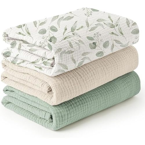 Konssy 3 Pack Muslin Swaddle Blankets for Unisex, Newborn Receiving Blanket, Large 47 x 47 inches, Soft Breathable Muslin Baby Swaddles for Boys & Girls