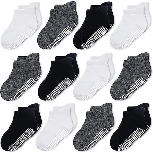 CozyWay Baby & Toddler Socks with Grippers Non Slip Ankle Grip Socks For Boys and Girls Babies - Comfy Soft Cotton - 12 Pack