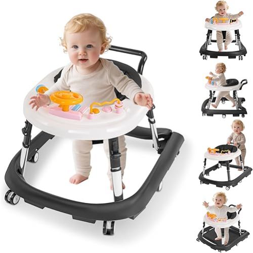 Foldable Baby Walker with Wheels – 9 Adjustable Heights, Reinforced Frame, Activity Center with Music & Lights, Removable Tray, Two Rear Wheel Modes (Swivel or Forward-Only) for Babies 6-18 Months