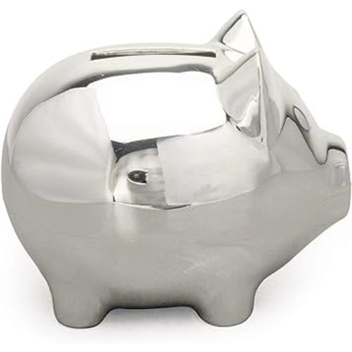 Vintage Piggy Bank Creative Metal Alloy Cartoon Money Bank Cute Coin Bank Pig Penny Coin Saving Pot Box with Stopper for Boy Kid(Shiny Silver)
