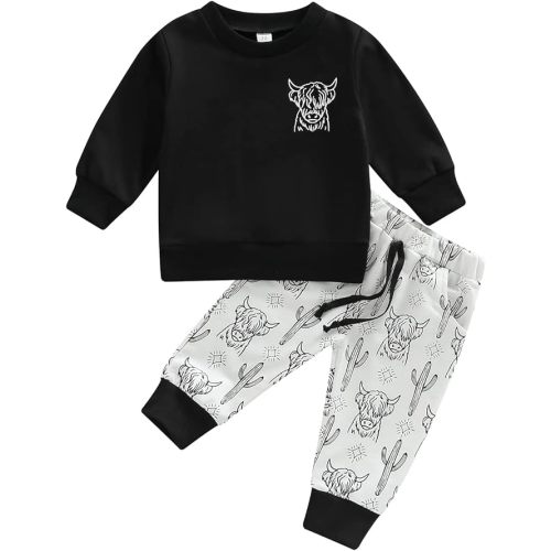 Western Baby Boy Clothes Cow Print Short Sleeve T- Shirt Top Casual Pants Set 2Pcs Summer Toddler Cowboy Outfits
