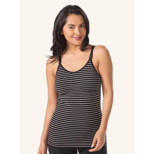 Leading Lady Maternity to Nursing Seamless Cotton Tank in Jet Black with Grey Stripe, Size: Medium.