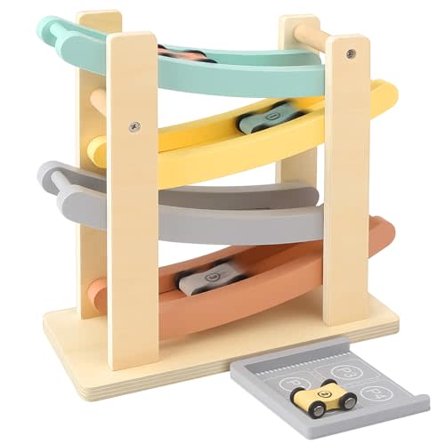 Wooden Car Ramp Toy for 1-2 Year Old Boy Girl Gifts - 4 Level Toddler Car Ramp Race Track Set with 4 Mini Cars & Garage - Montessori Baby Toys for 1 Year Old Christmas Birthday Gifts