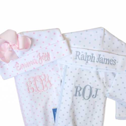 Gingham Dots Newborn Footie - Gown - Embroidered Coming Home Set - Bib - Blanket - Pink - Blue Twins - Baby Shower Gift Set - Boys - Girls