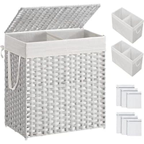 SONGMICS Laundry Hamper with Lid, 110L Clothes Hamper with 2 Removable Liner Bags, 6 Mesh Bags, Wicker Laundry Basket, Double Laundry Hamper for Laundry Room, 13 x 22.4 x 23.6 Inches, White ULCB52WT