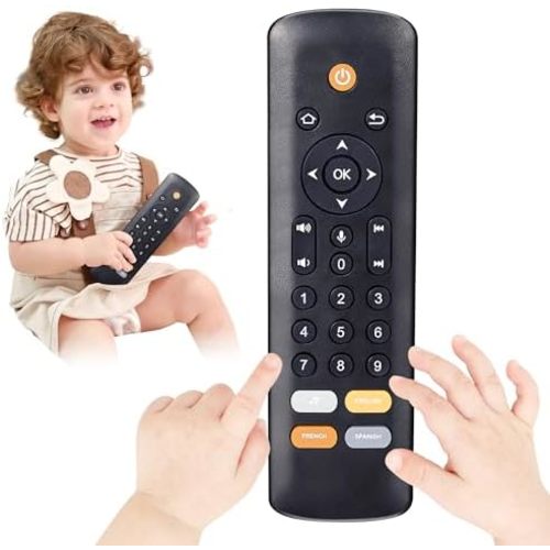 Baby TV Remote Toy - Realistic Play Remote toy with Lights and Sounds, 3 Languages (English, Spanish & French), Learning Musical Toys, Preschool Infant Boys Girls Toys Gift for 1 2 Year Old, Black