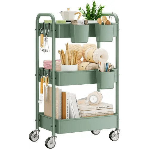 YASONIC 3-Tier Rolling Cart, Green, 66 Pounds Capacity, Mesh Storage Organizer with Lockable Wheels, 3 Hanging Cups, 4 Hooks, Easy Assembly, for Kitchen, Bathroom, Laundry, Grocery