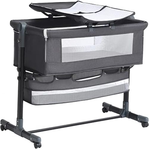 Bedside Crib, 3 in 1 Bassinet with Quick Height Adjustment and Mosquito Nets Rocking Bassinet for Baby, Bedside Bassinet with Wheels, Easy to Fold, Golden Triangle Structure(Grey)