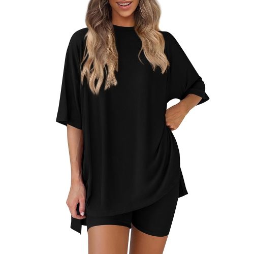 PRETTYGARDEN Women's Two Piece Lounge Set 2025 Summer Casual Oversized Shirts Biker Shorts Matching Airport Travel Outfit