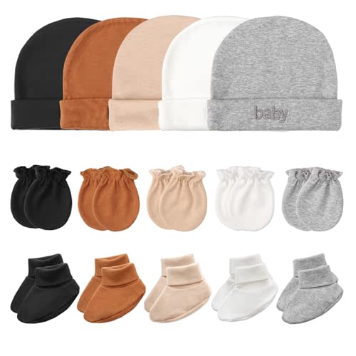 Newborn Baby Hats Mittens and Socks Set Cotton Infant Beanie Cap Socks Mittens for Newborn Baby Boy Girl 0-6 Month