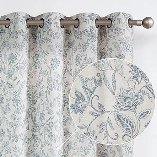 Lazzzy Linen Farmhouse Curtain for Living Room 84 Inch Length Floral Print Window Curtains Semi Sheer Drapes for Bedroom Country Light Filtering Drape Grommet Top 2 Panels Blue on Beige