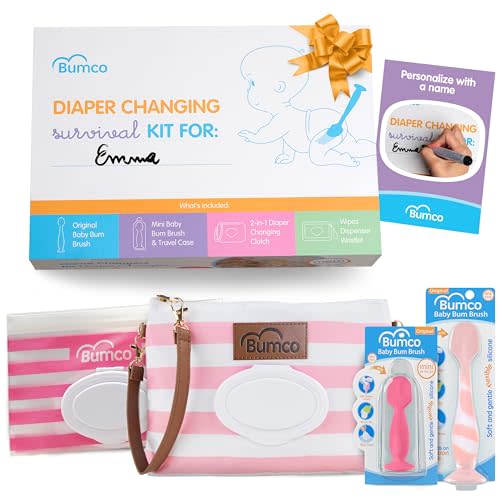 Bumco Baby Essentials Set - Personalized Diaper-Changing Baby Shower Gifts for Girls, Baby Gift Set with 2 Baby Bum Brushes (Original & Mini) + Diaper Clutch Bag + Wipes Wristlet, Newborn Gift Set