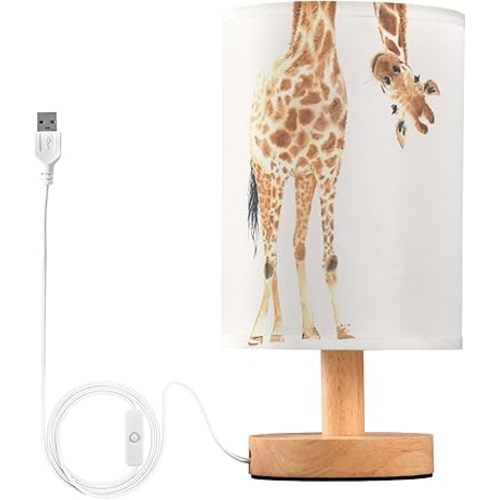Table Lamp Funny Giraffe Peep Watercolor Animal Nightstand Lamp with Wood Base Fabric Lamp Shade Bedside Desk Lamp for Living Room Bedroom Kids Room Office