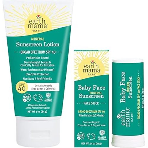 Earth Mama Baby Face Mineral Sunscreen Stick & Lotion Set, SPF 40 | Reef Safe, Non-Nano Zinc, Contains Organic Cocoa Butter, Shea Butter, Aloe & Calendula | Babies, Kids & Family
