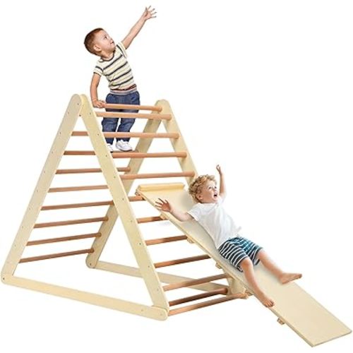 HONEY JOY Triangle Climber with Ramp, 2-in-1 Indoor Toddler Climbing Triangle Set with Ladder & Slide, Foldable Wooden Kids Climbing Toys for Playground, Gym & Daycare, Gift for Boys Girls (Natural)