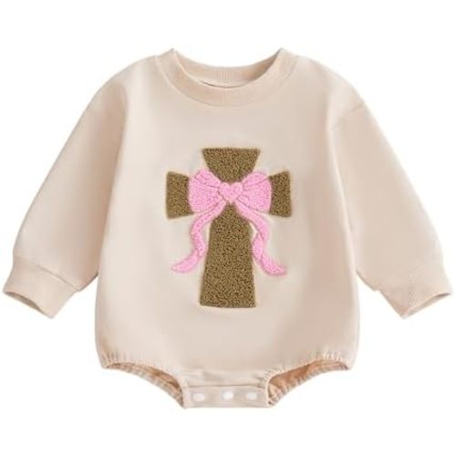 Newborn Infant Baby Girl Romper Long Sleeve Bow Cross Bodysuit Oversized Sweatshirt Christian Outfit Cute Clothes