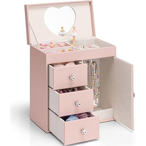 Vlando Musical Jewelry Box for Girls, Large Kid Music Box with Ballerina for Birthday Bedroom Decor, 4 Layer Girl Jewelry Gifts for Girls Kids - Pink